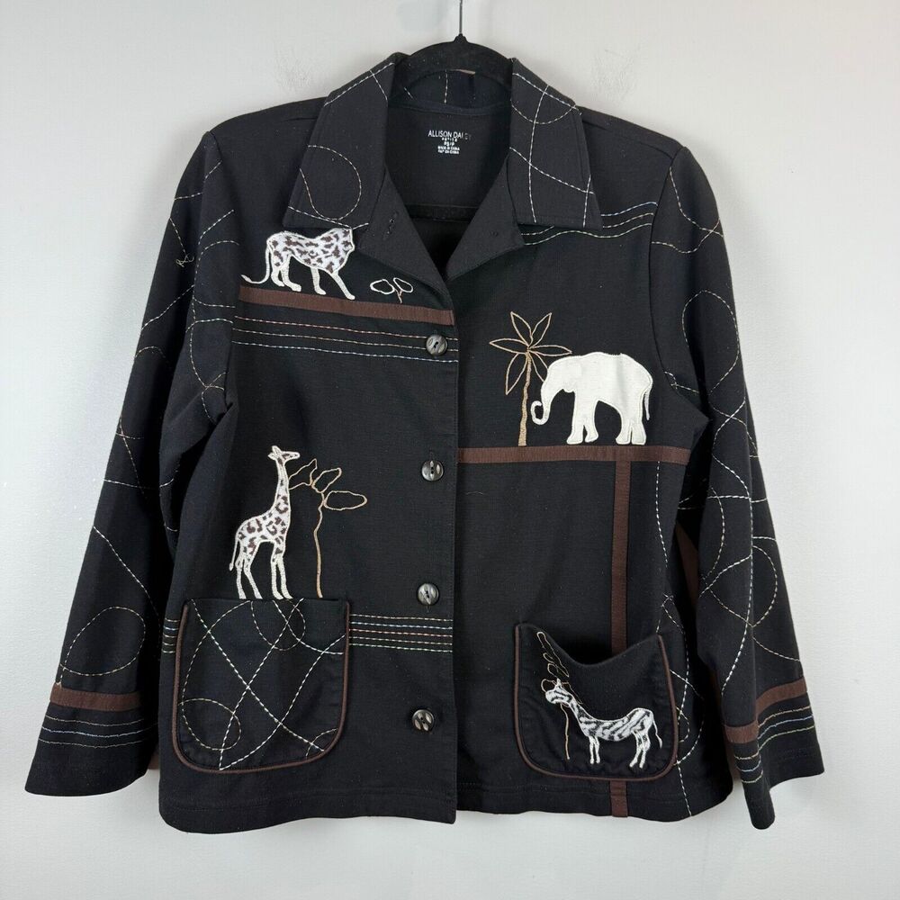 Allison Daley Jacket Women's Black Small Petite Animal Print Embroidered Safari
